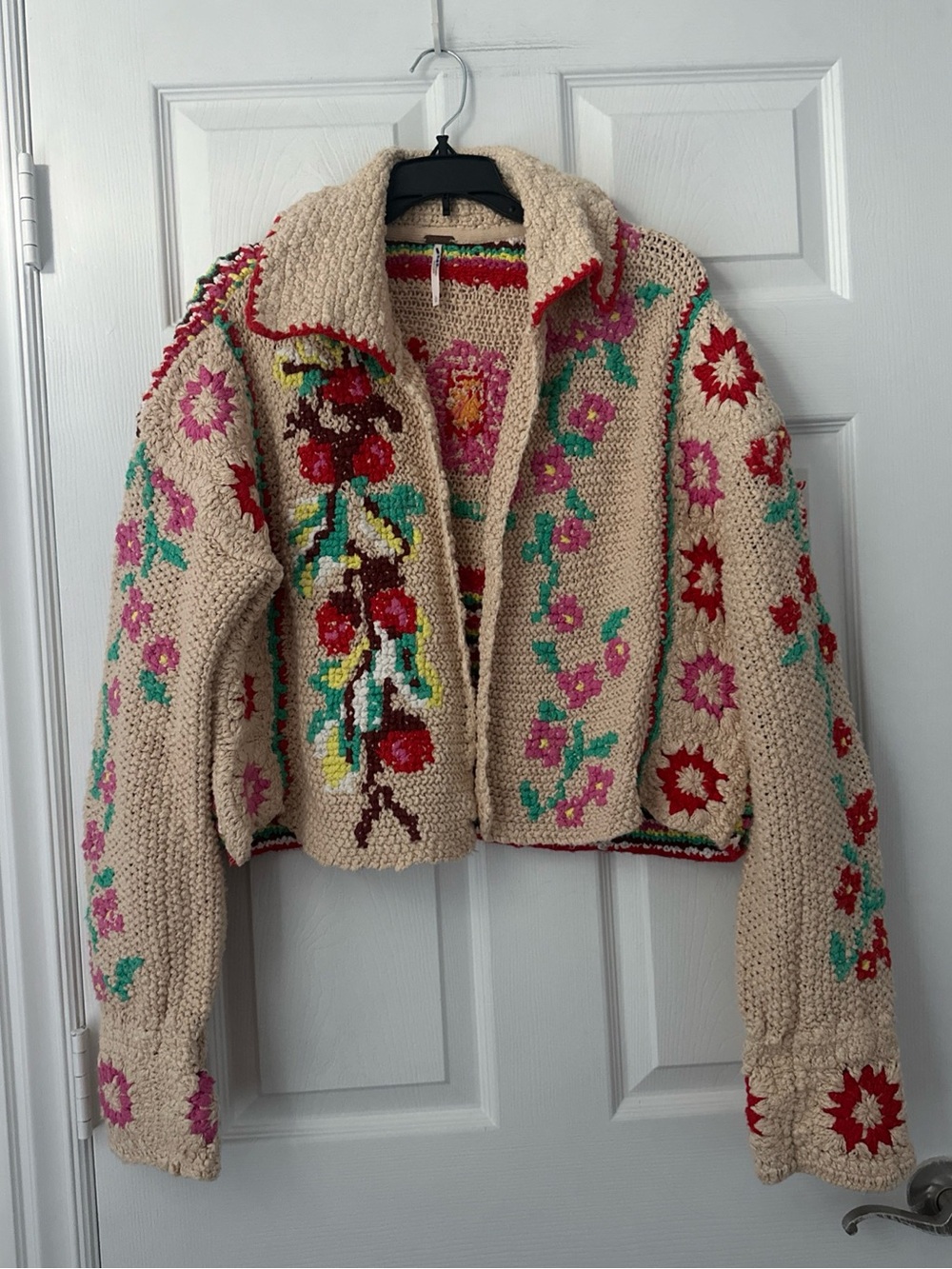 Free People Cream Crochet Floral Cardigan with Red, Pink & Teal Accents - Picture 2 of 11